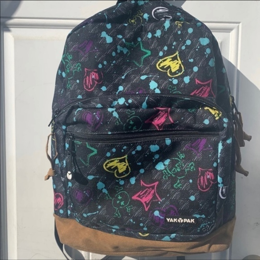 Yak Pak Black  Backpack w/ Multi-Color‎ Accents & Tan Suede Bottom